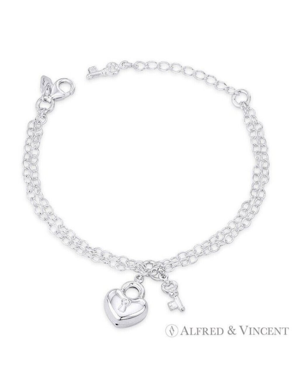 Heart Lock & Key Love Charm Oval Chain Italy 925 Sterling Silver Bracelet - 6.5"